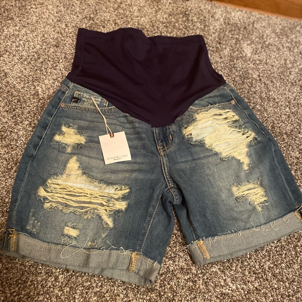 Brand New, Pink Blush - Size Medium Distressed Maternity Jean Shorts